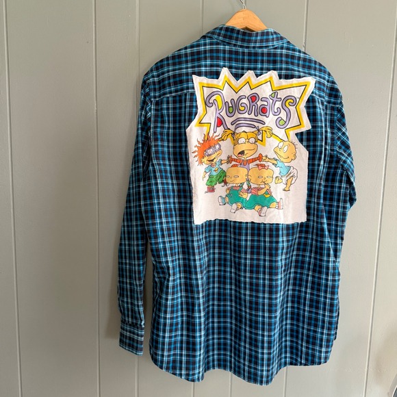 Upcycled Rugrats Cartoon Button Down Shirt XL Plaid DIY 90s Y2K Style Grunge - Picture 3 of 7